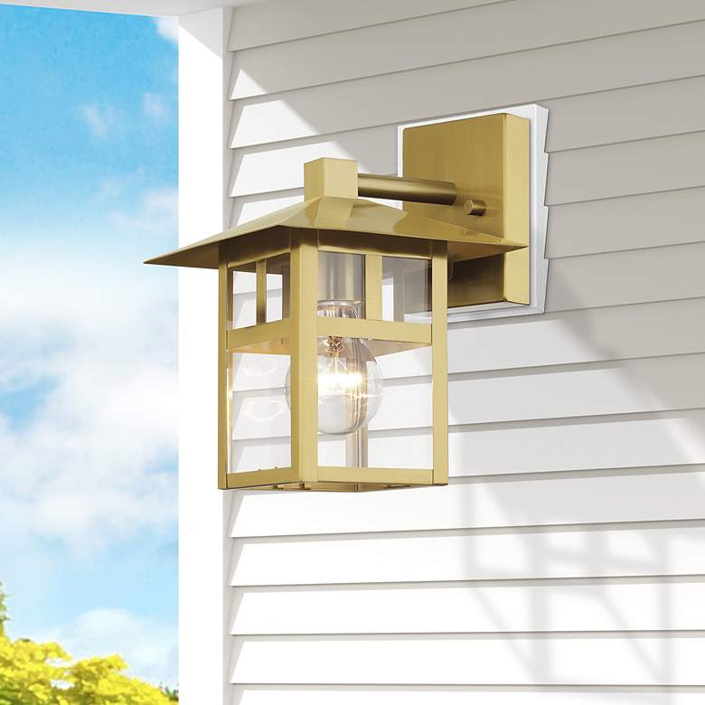 Image 1 1 Light Satin Gold Medium Outdoor Wall Lantern with Clear Glass