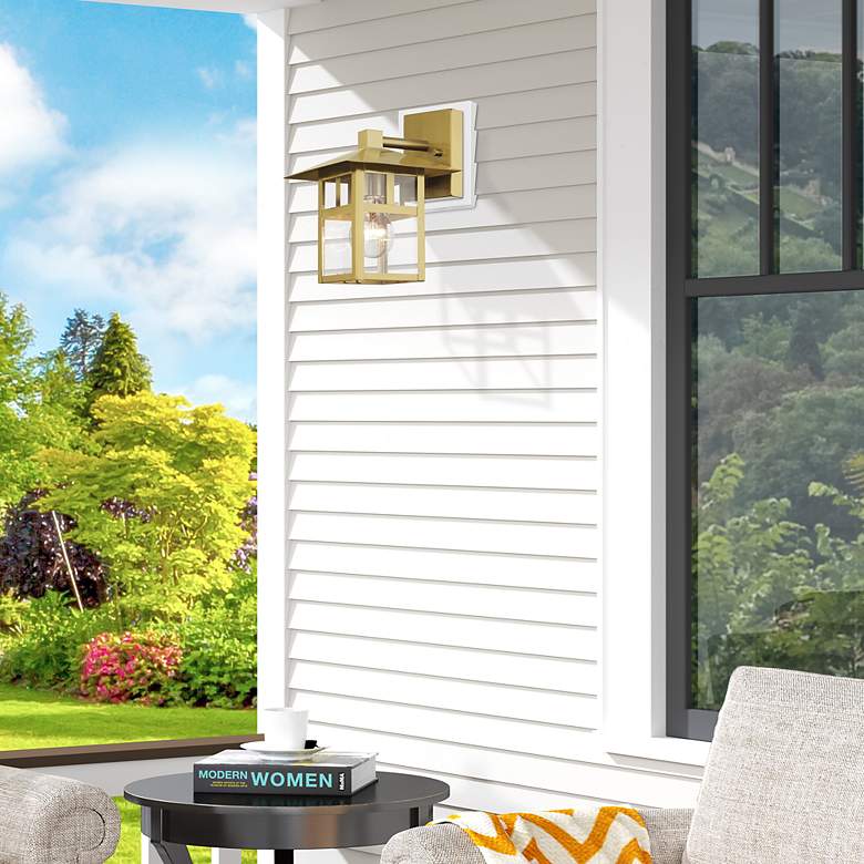 Image 7 1 Light Satin Gold Medium Outdoor Wall Lantern with Clear Glass more views