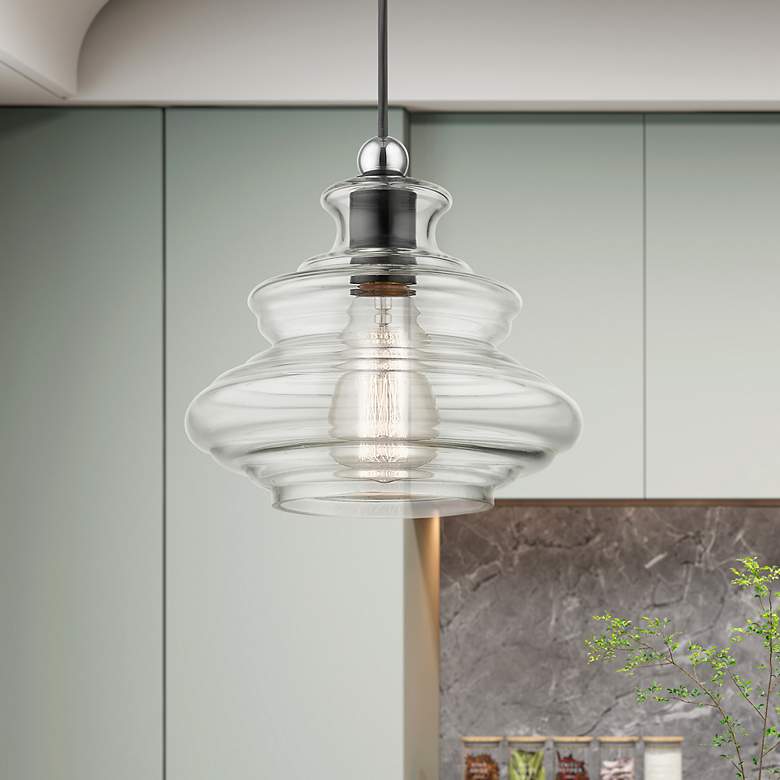 Image 1 1 Light Shiny Black Pendant with Chrome Finish Accents