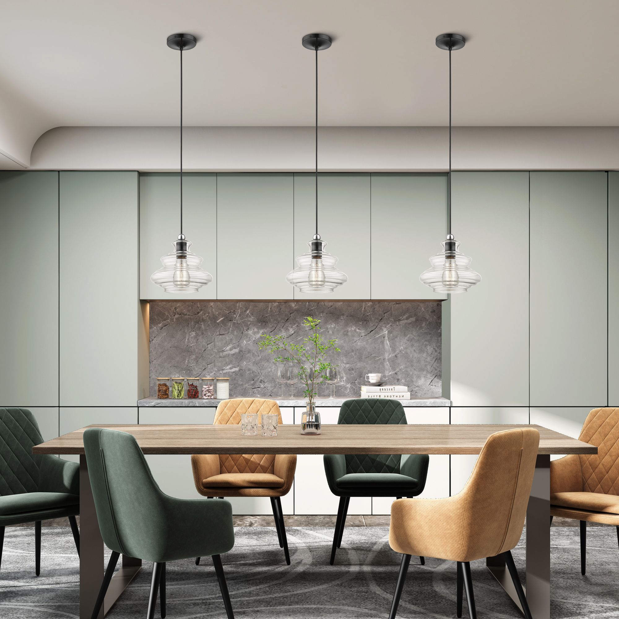 1 Light Shiny Black Pendant with Chrome Finish Accents