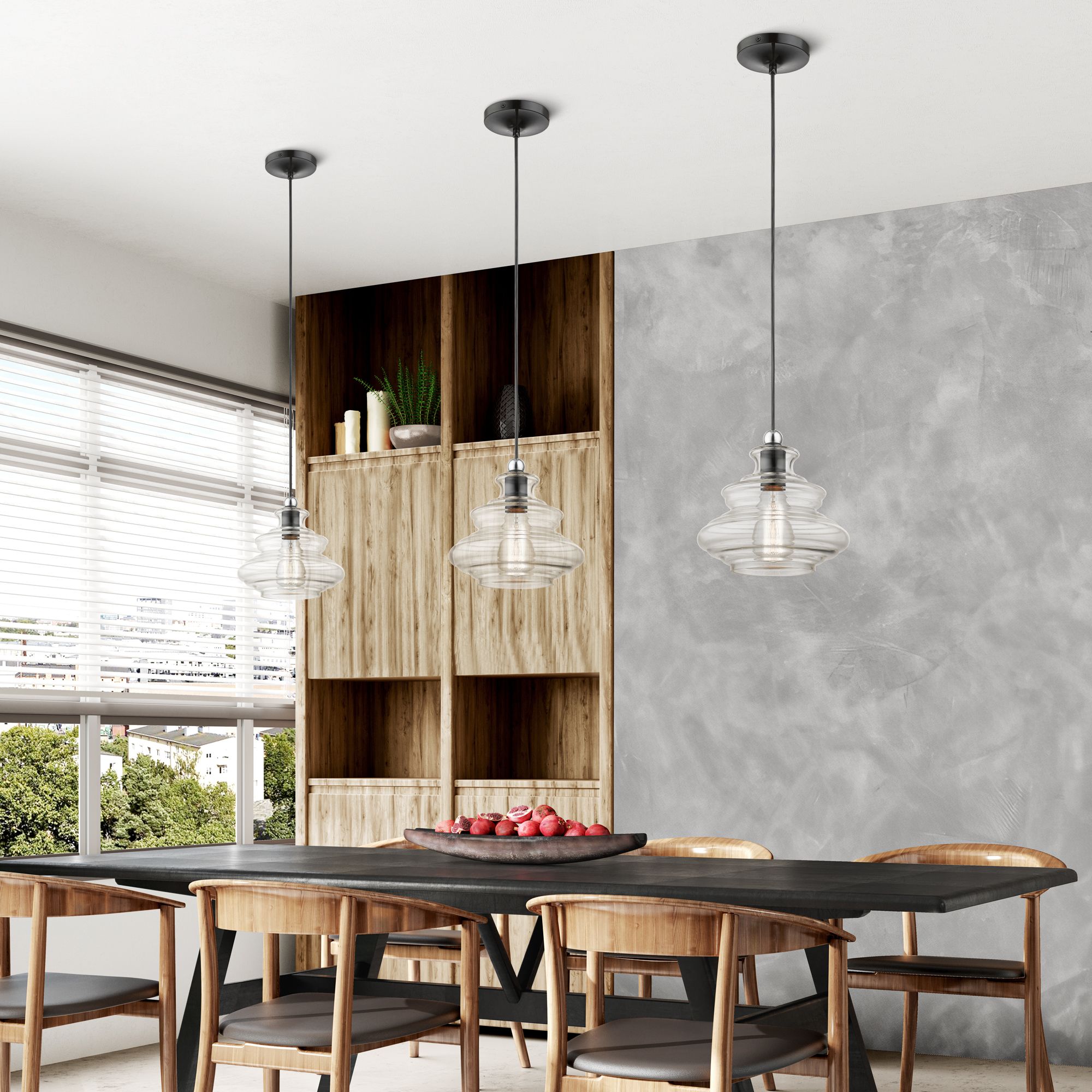 1 Light Shiny Black Pendant with Chrome Finish Accents