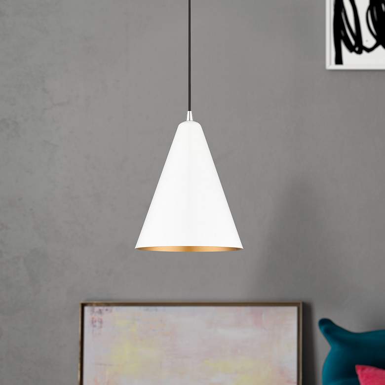 Image 1 1 Light Shiny White Cone Pendant with Polished Chrome Accents