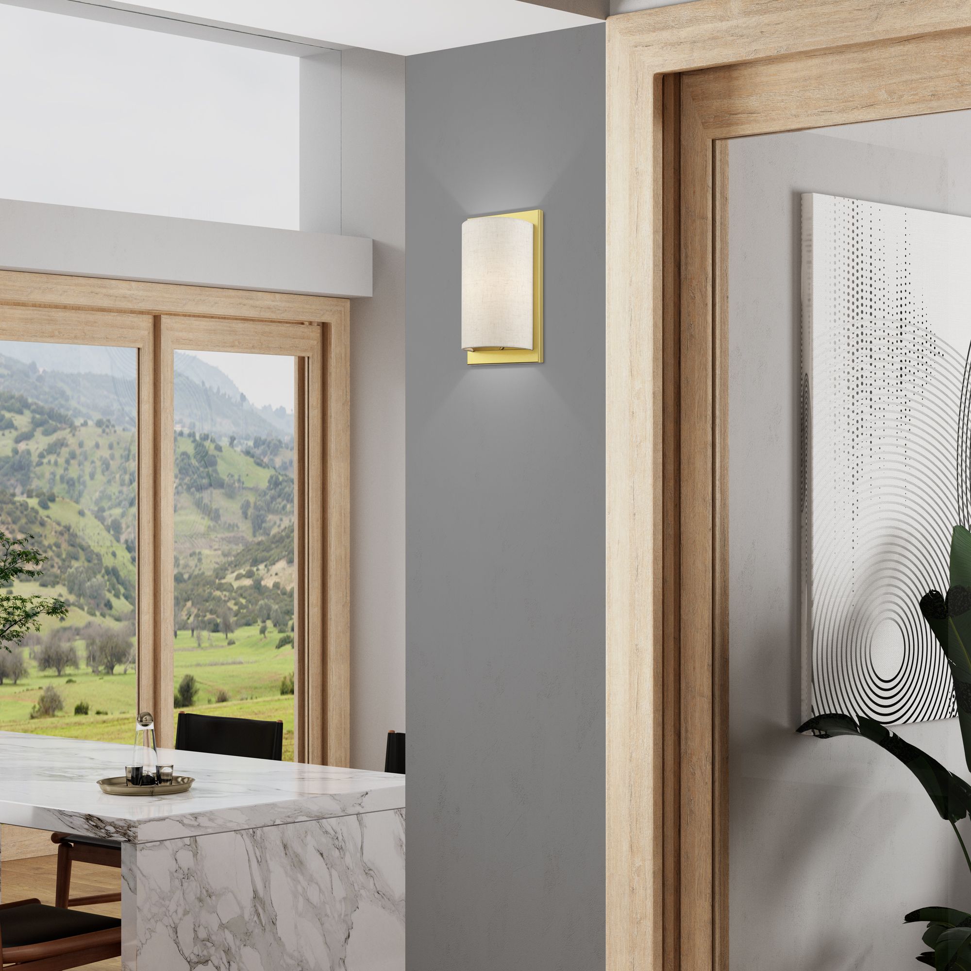 1 Light Soft Gold ADA Sconce with Hand Crafted Oatmeal Fabric Shade