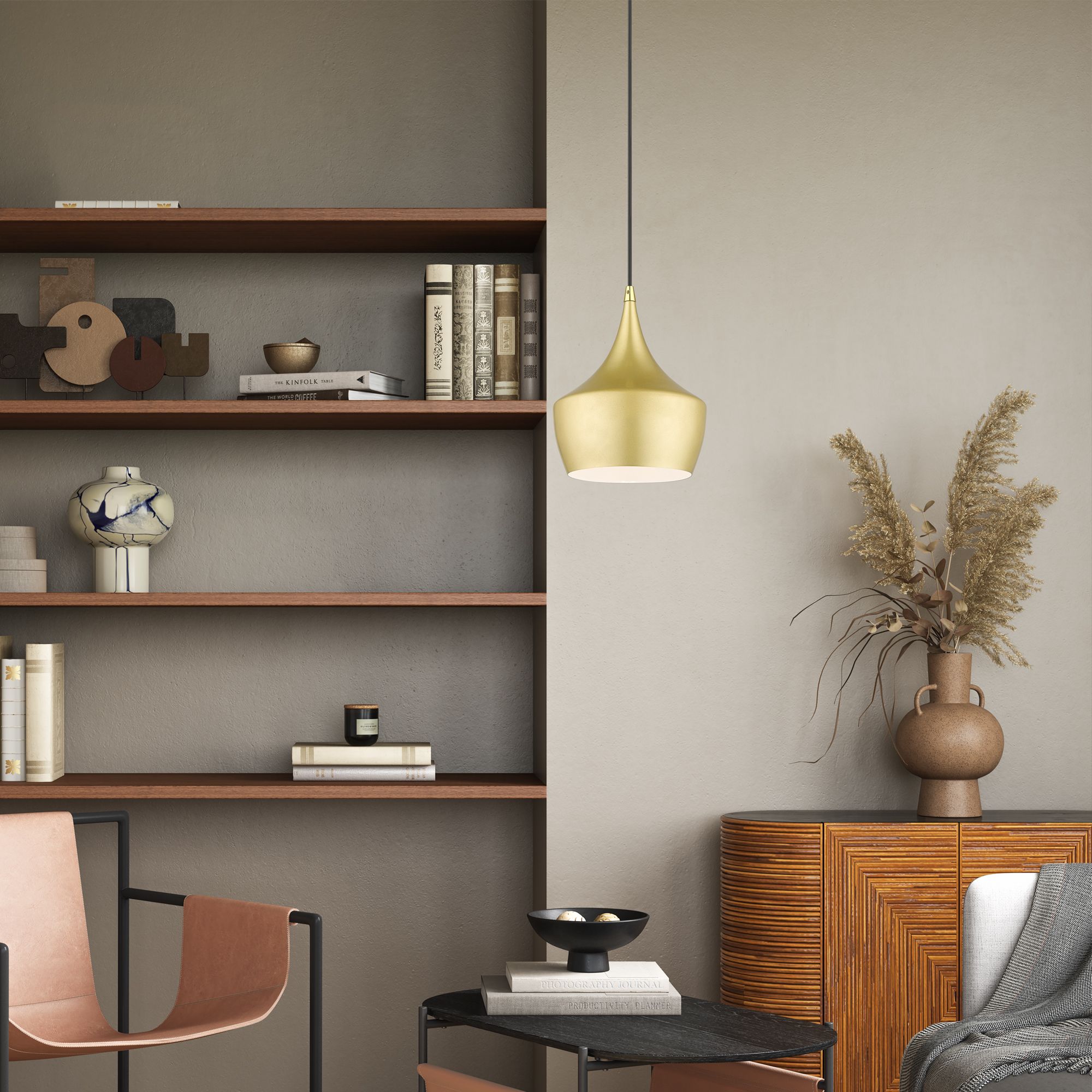 1 Light Soft Gold Pendant with Polished Brass Finish Accents