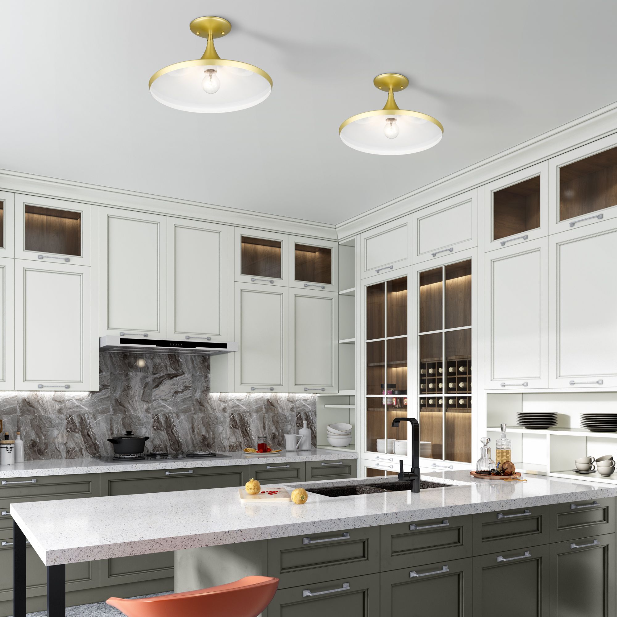 1 Light Soft Gold Semi-Flush with Polished Brass Finish Accents