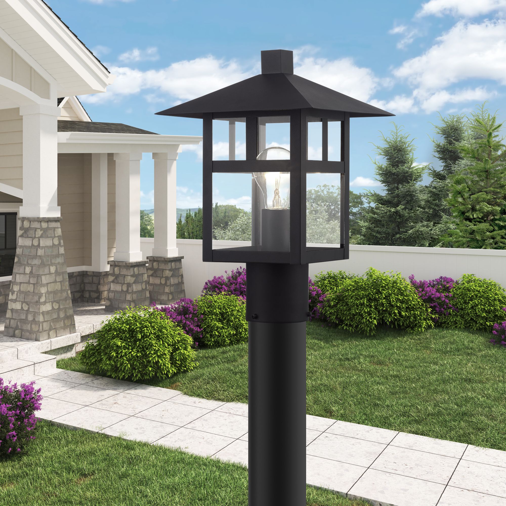 1 Light Textured Black Large Outdoor Post Top Lantern with Clear Glass