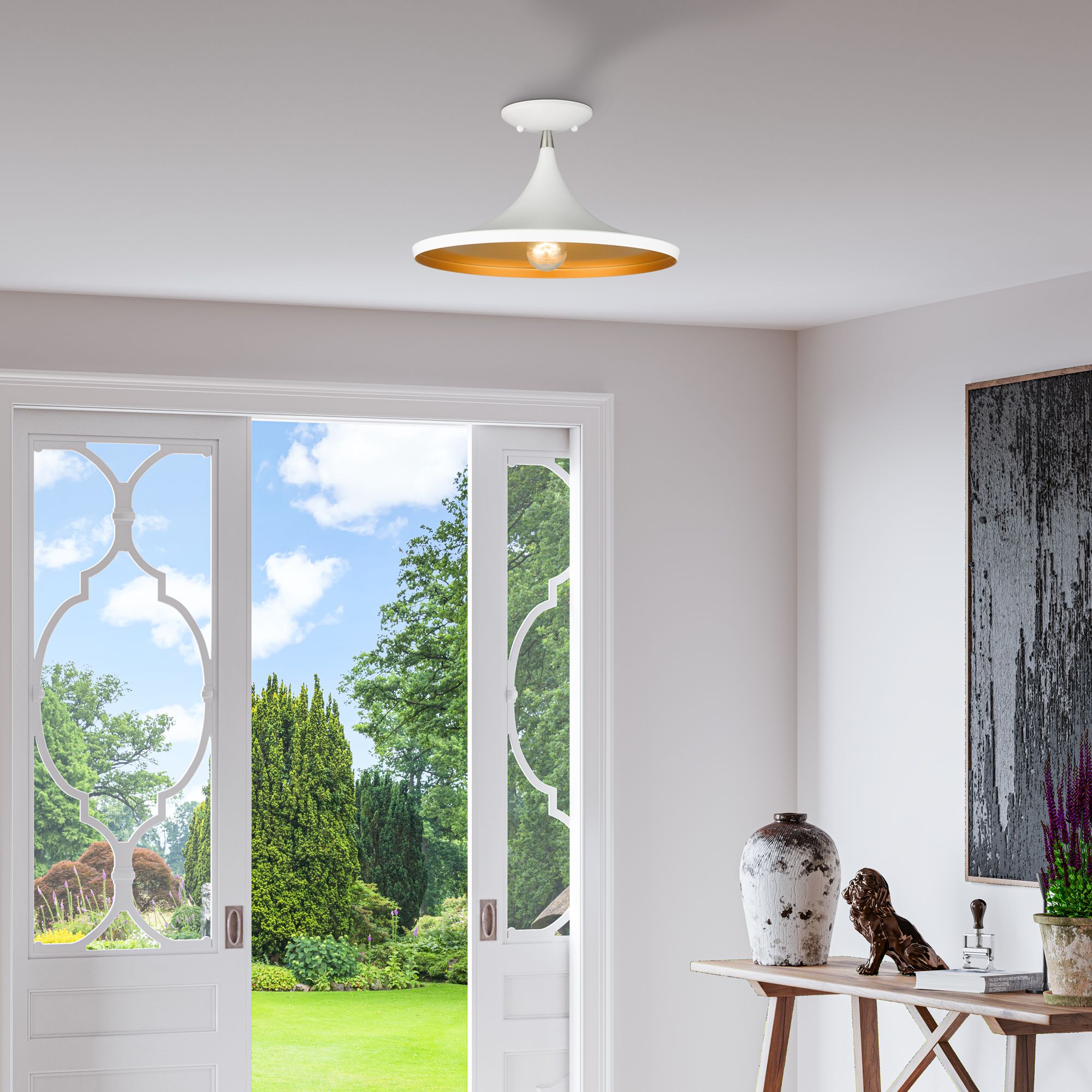 1 Light White Semi-Flush with Brushed Nickel Finish Accents