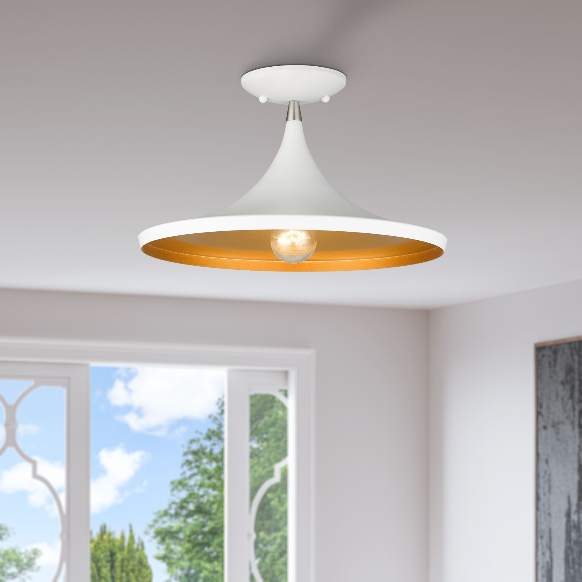 1 Light White Semi-Flush with Brushed Nickel Finish Accents