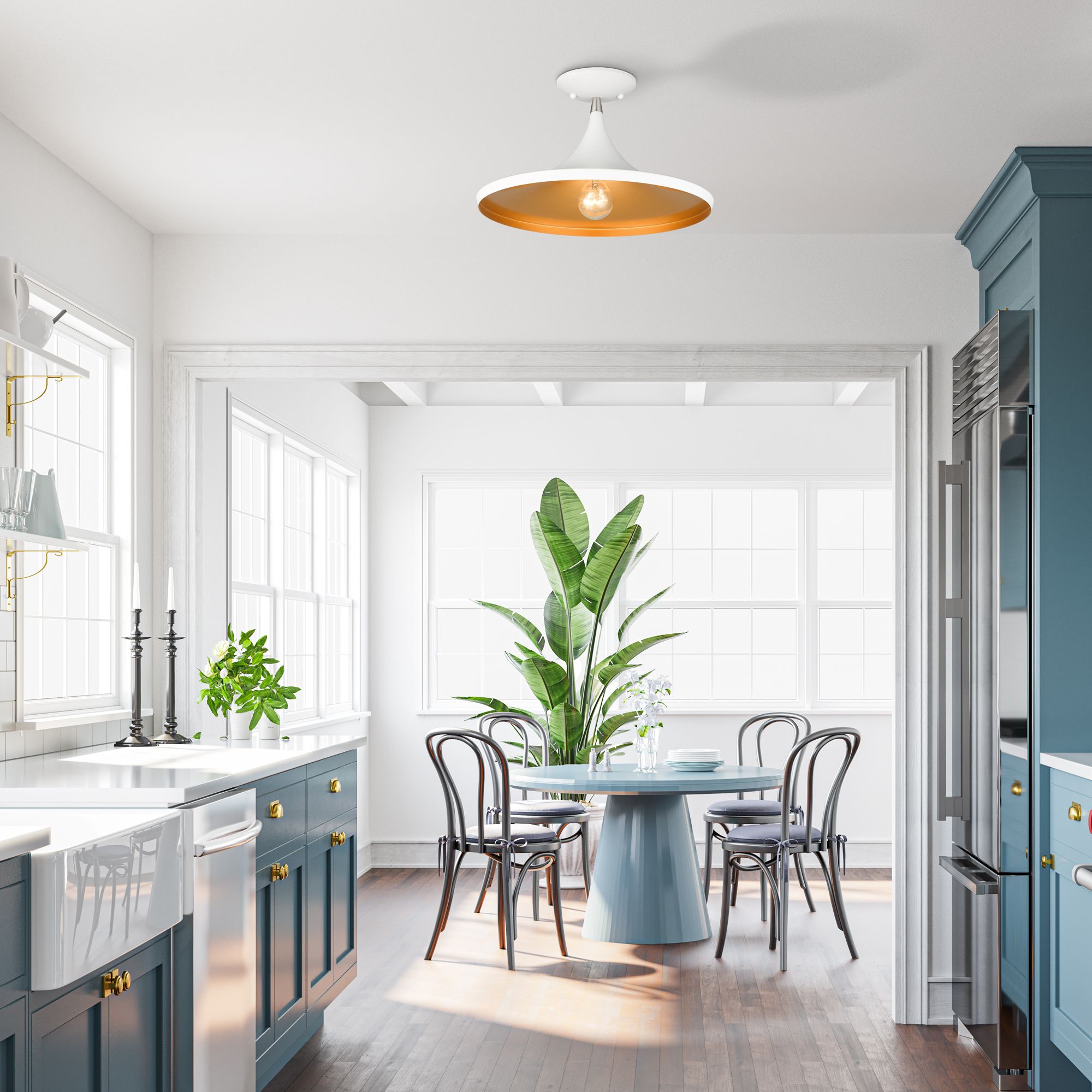 1 Light White Semi-Flush with Brushed Nickel Finish Accents