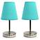 10.5" Iconic Duo Mini Sand Nickel Table Lamp Two Pack Set, Blue Shades