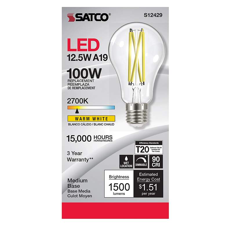 Image 2 100 Watt Equivalent 12.5W 2700K Clear Dimmable E26 LED Light Bulb by Satco more views