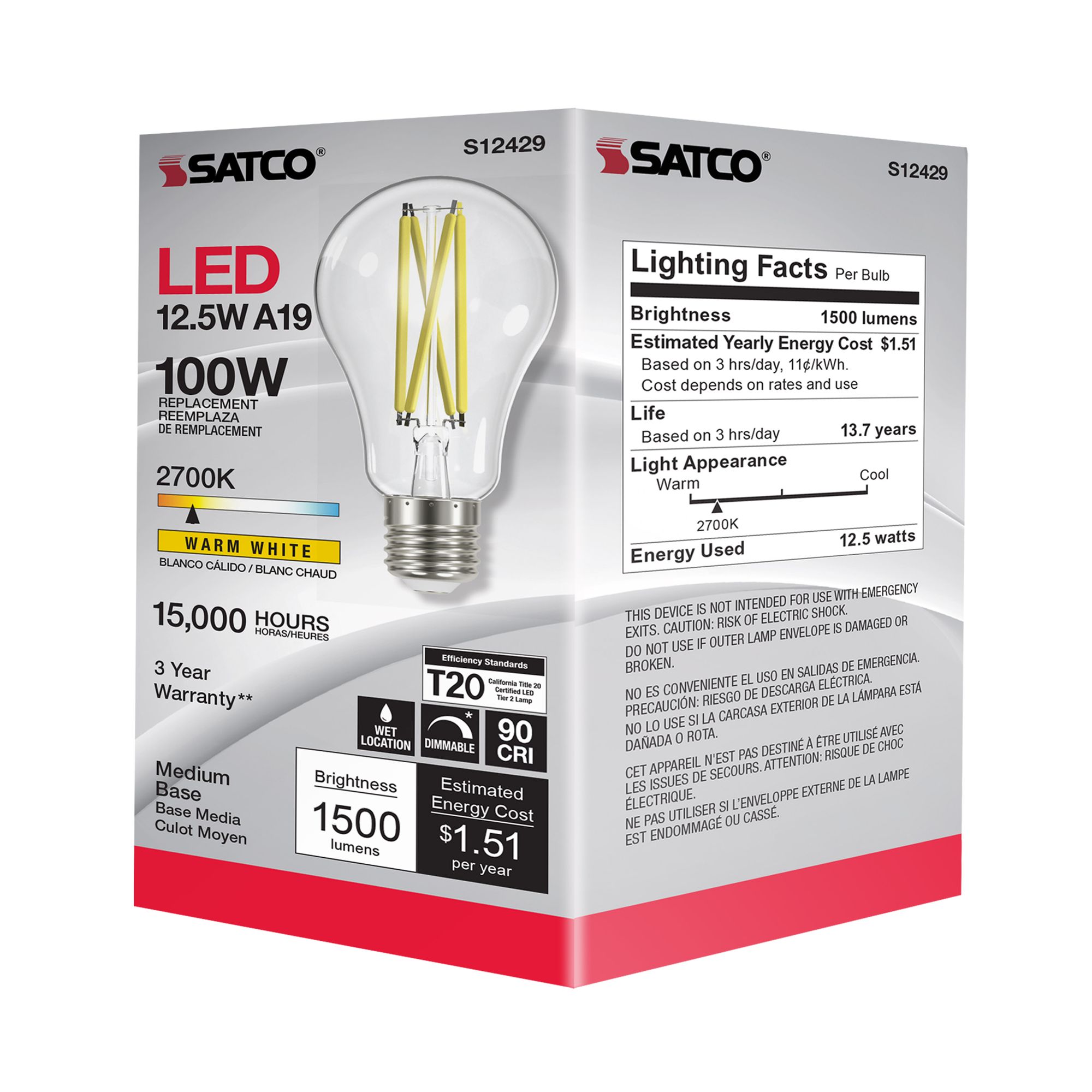 100 Watt Equivalent 12.5W 2700K Clear Dimmable E26 LED Light Bulb by Satco in scene