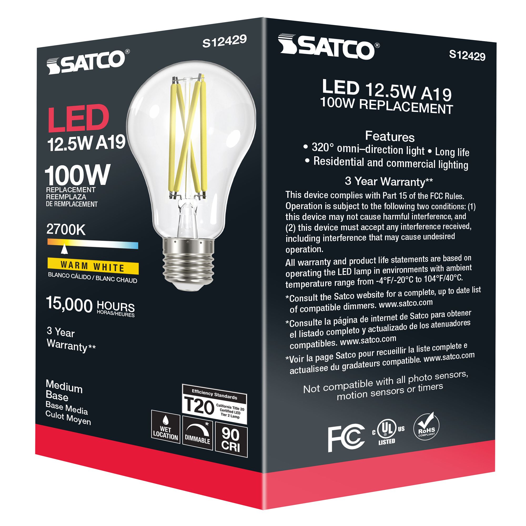 100 Watt Equivalent 12.5W 2700K Clear Dimmable E26 LED Light Bulb by Satco in scene