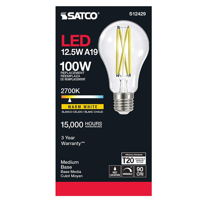 Image 3 100 Watt Equivalent Satco Clear 12.5W 2700K LED Dimmable E26 more views
