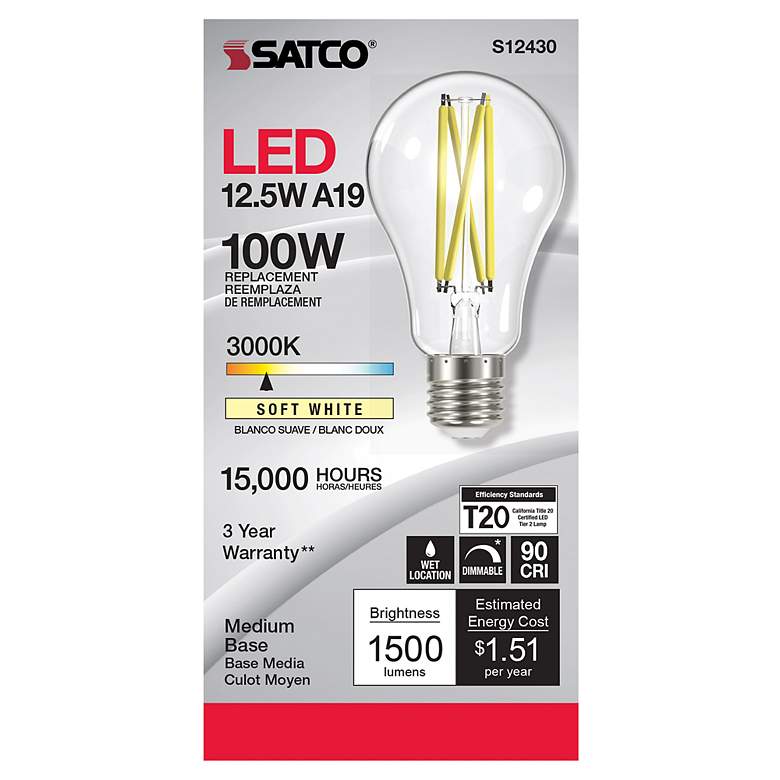 Image 2 100 Watt Equivalent Satco Clear 12.5W 3000K LED Dimmable E26 more views