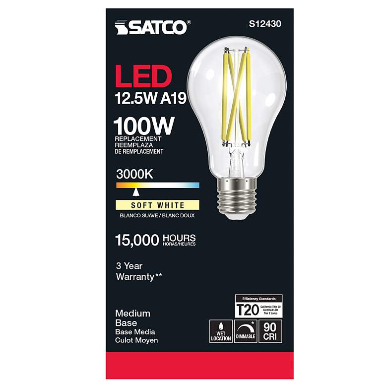 Image 3 100 Watt Equivalent Satco Clear 12.5W 3000K LED Dimmable E26 more views