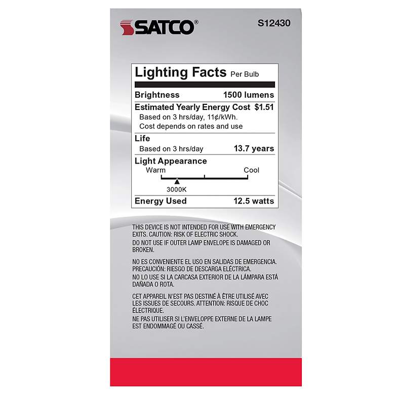 Image 4 100 Watt Equivalent Satco Clear 12.5W 3000K LED Dimmable E26 more views