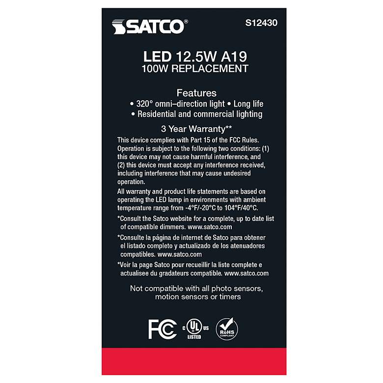 Image 5 100 Watt Equivalent Satco Clear 12.5W 3000K LED Dimmable E26 more views