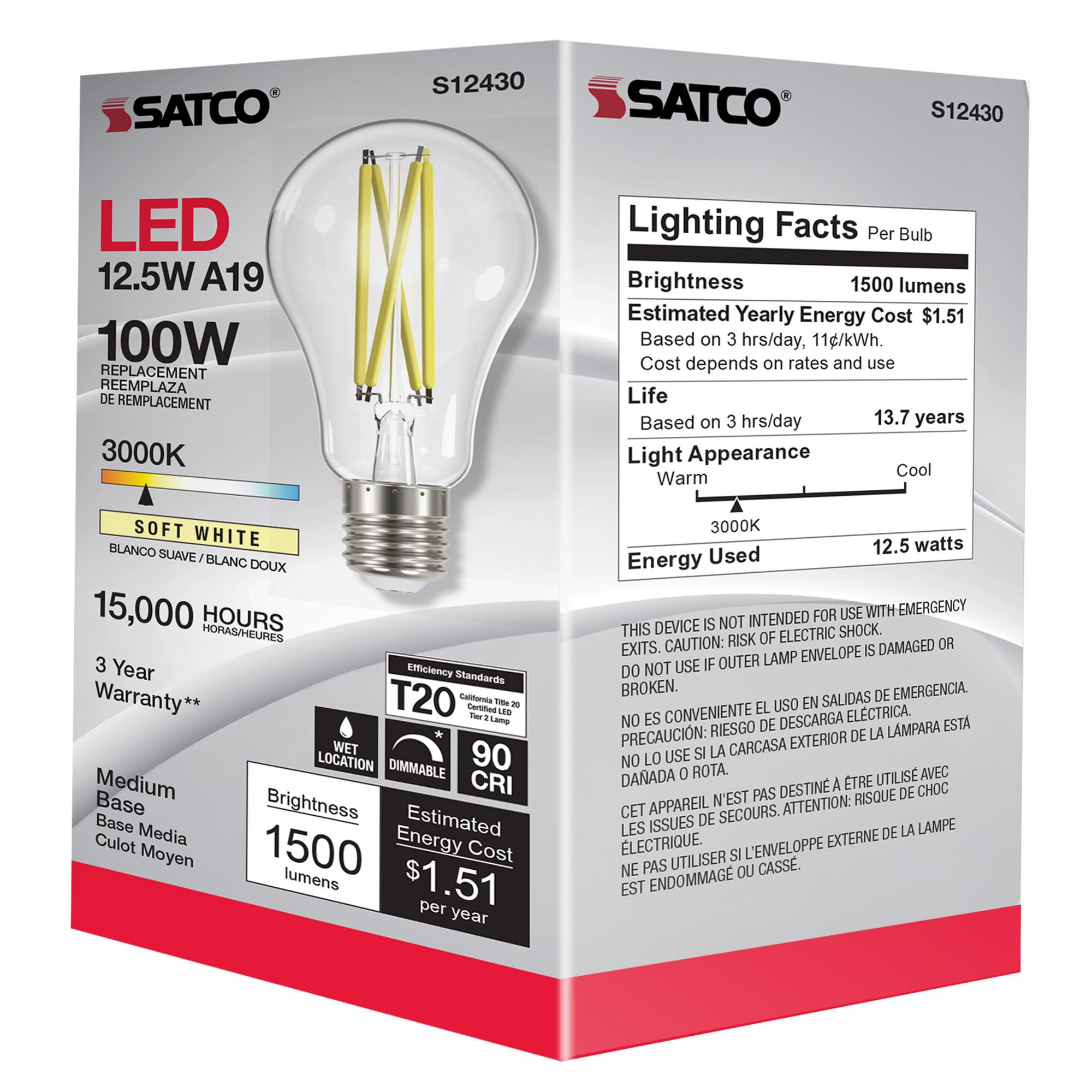 100 Watt Equivalent Satco Clear 12.5W 3000K LED Dimmable E26 in scene