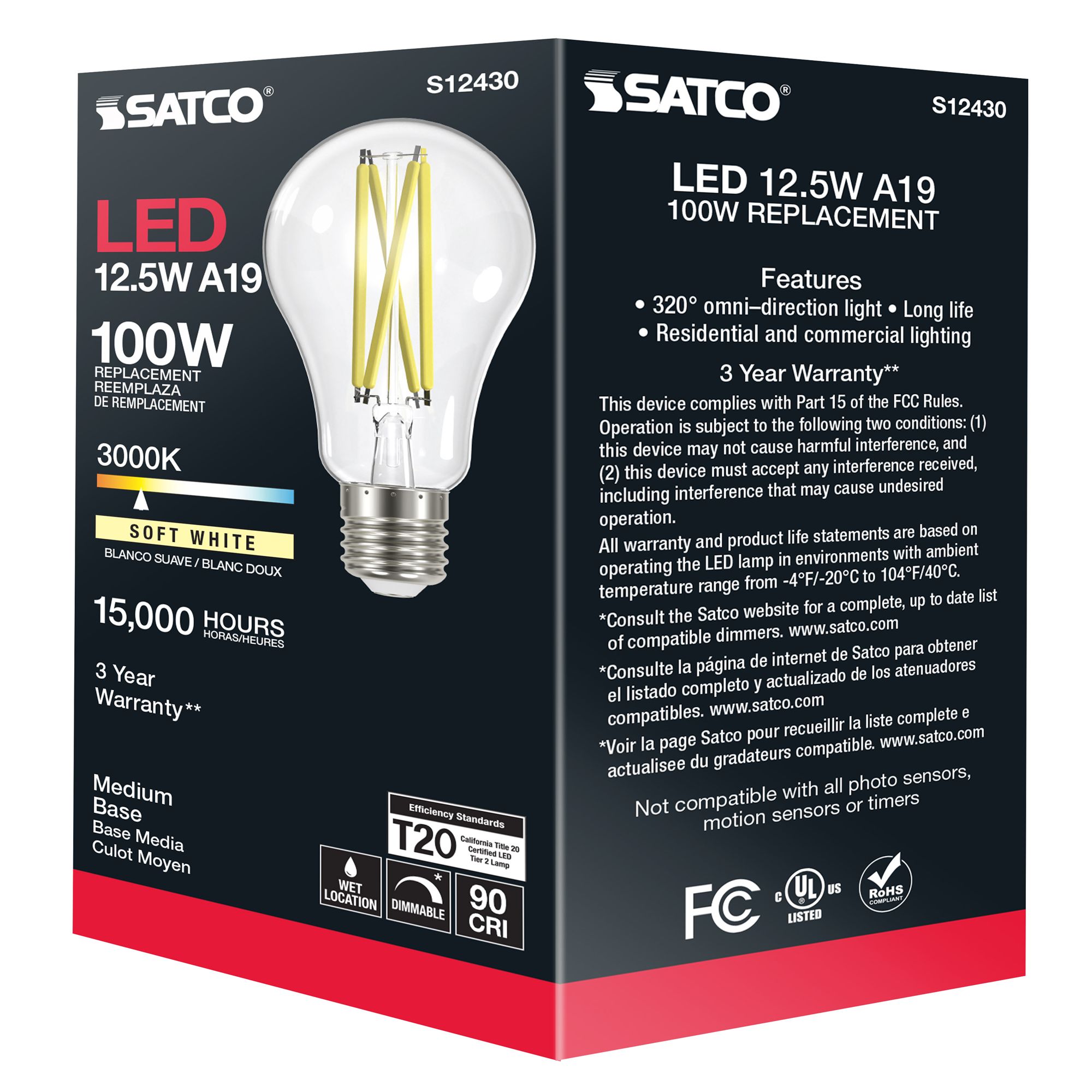100 Watt Equivalent Satco Clear 12.5W 3000K LED Dimmable E26 in scene
