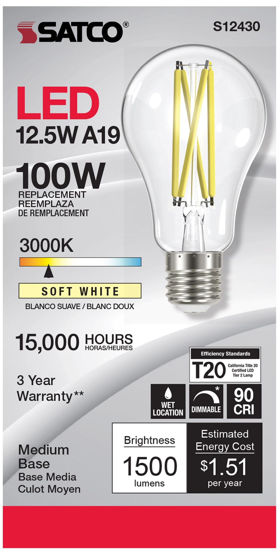 Image 2 100 Watt Equivalent Satco Clear 12.5W LED Dimmable E26 A19 6-Pack more views