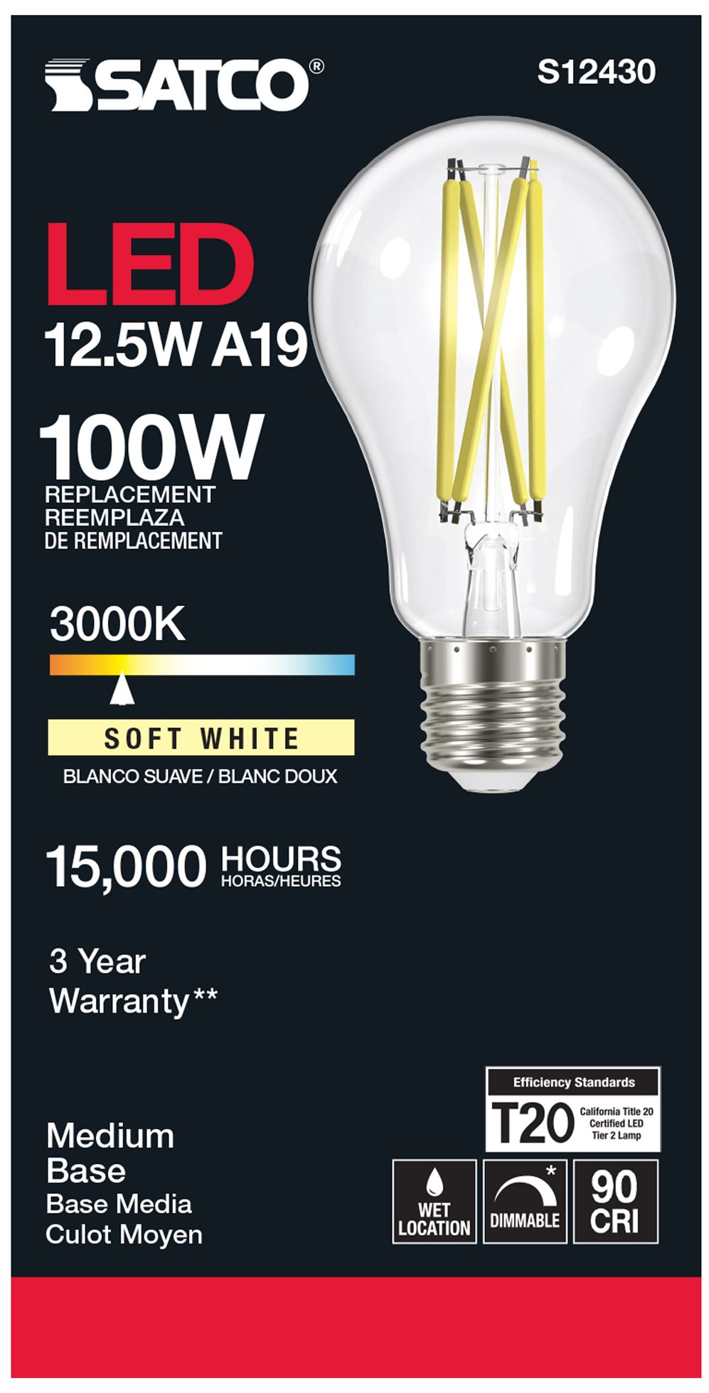 Image 3 100 Watt Equivalent Satco Clear 12.5W LED Dimmable E26 A19 6-Pack more views