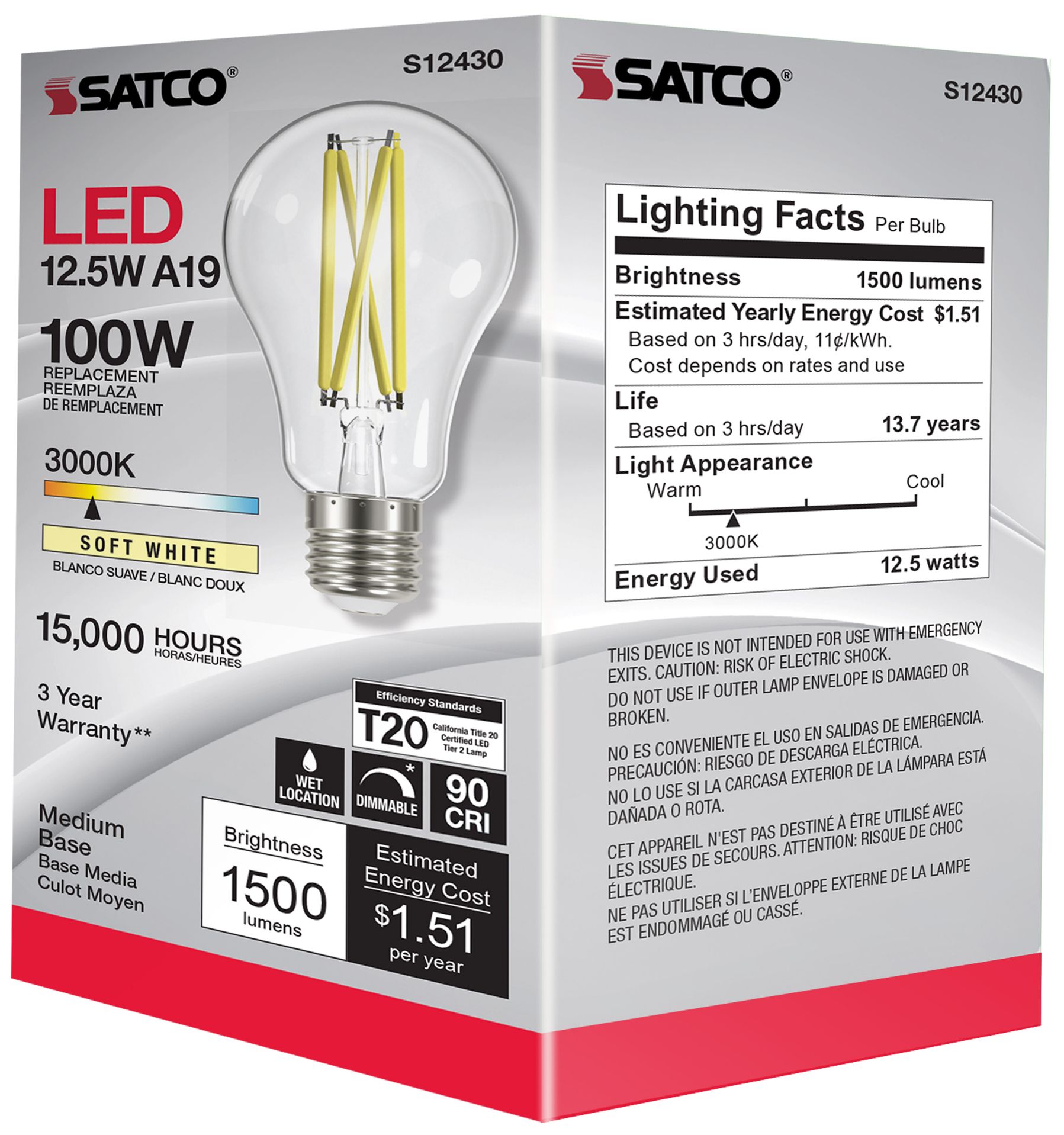 100 Watt Equivalent Satco Clear 12.5W LED Dimmable E26 A19 6-Pack
