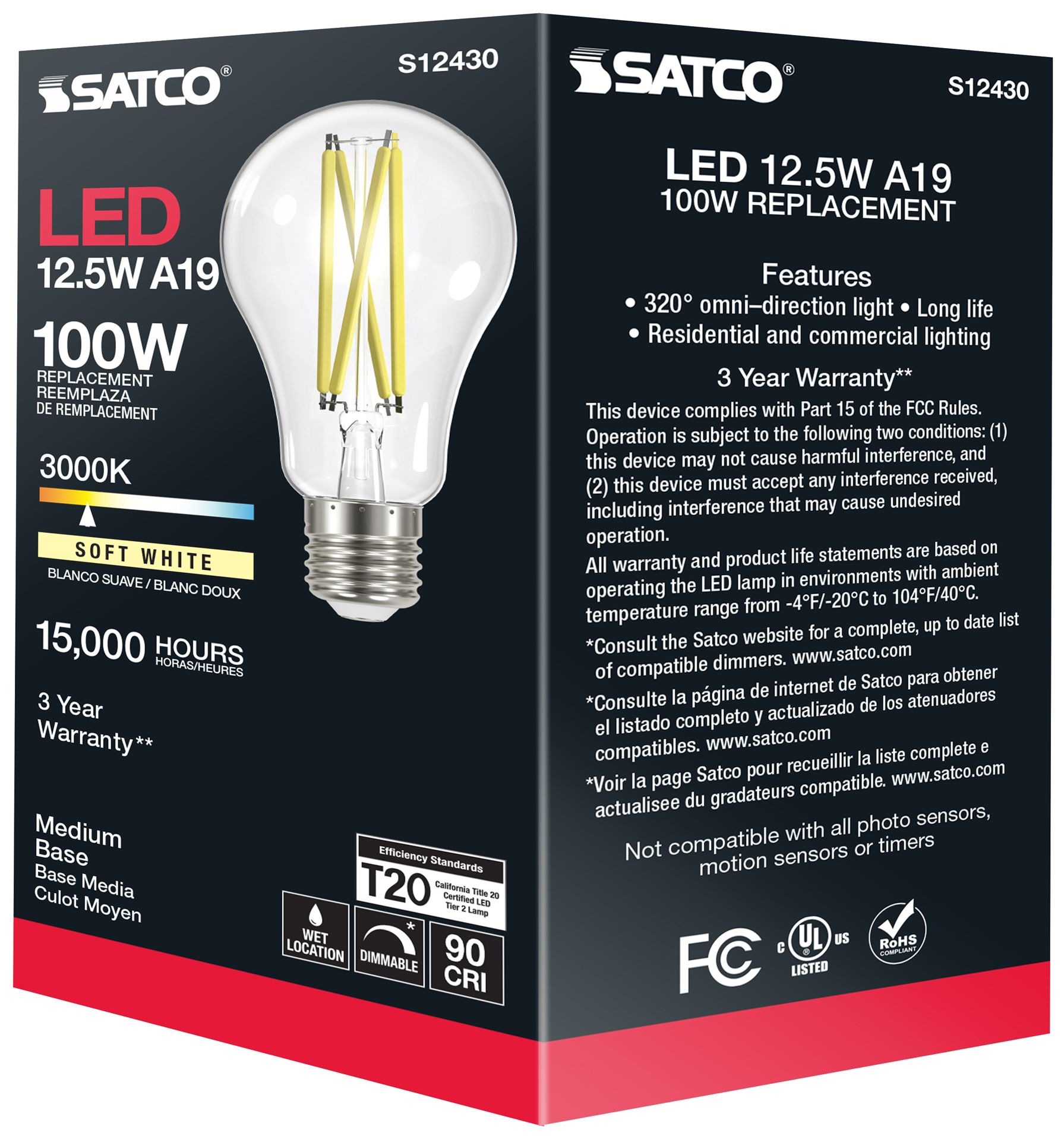 100 Watt Equivalent Satco Clear 12.5W LED Dimmable E26 A19 6-Pack