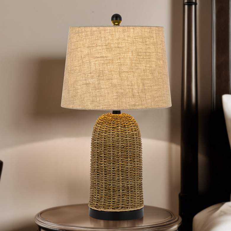 Image 1 100W 3 way Indio wicker basket table lamp with hardback burlap shade
