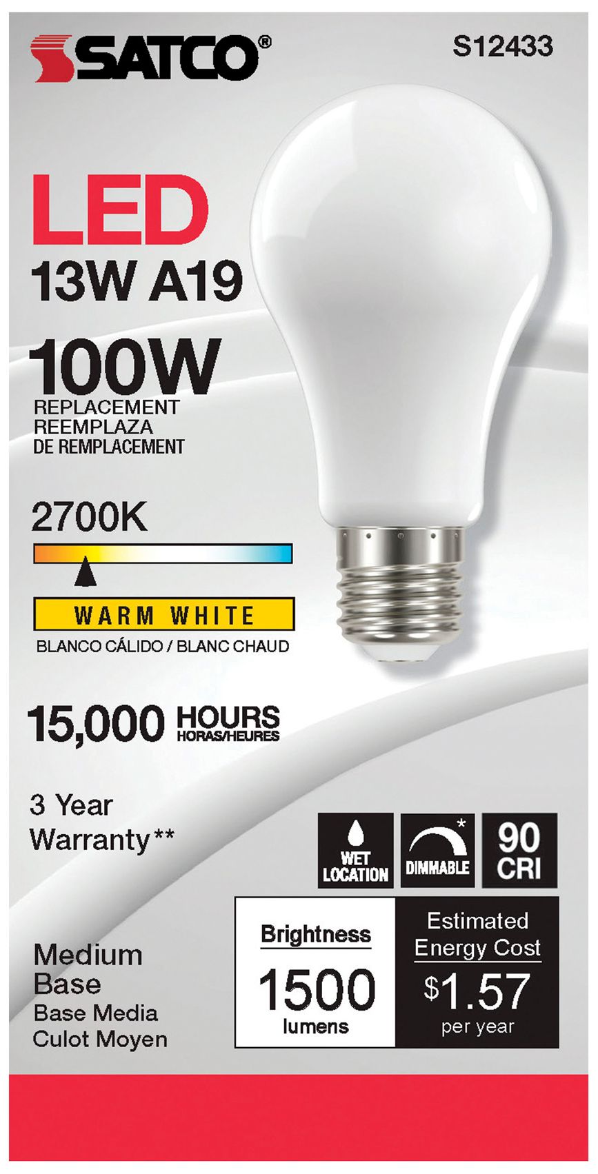 Image 3 100W Equivalent 13.5W Soft White Standard Medium LED Bulb by Satco more views
