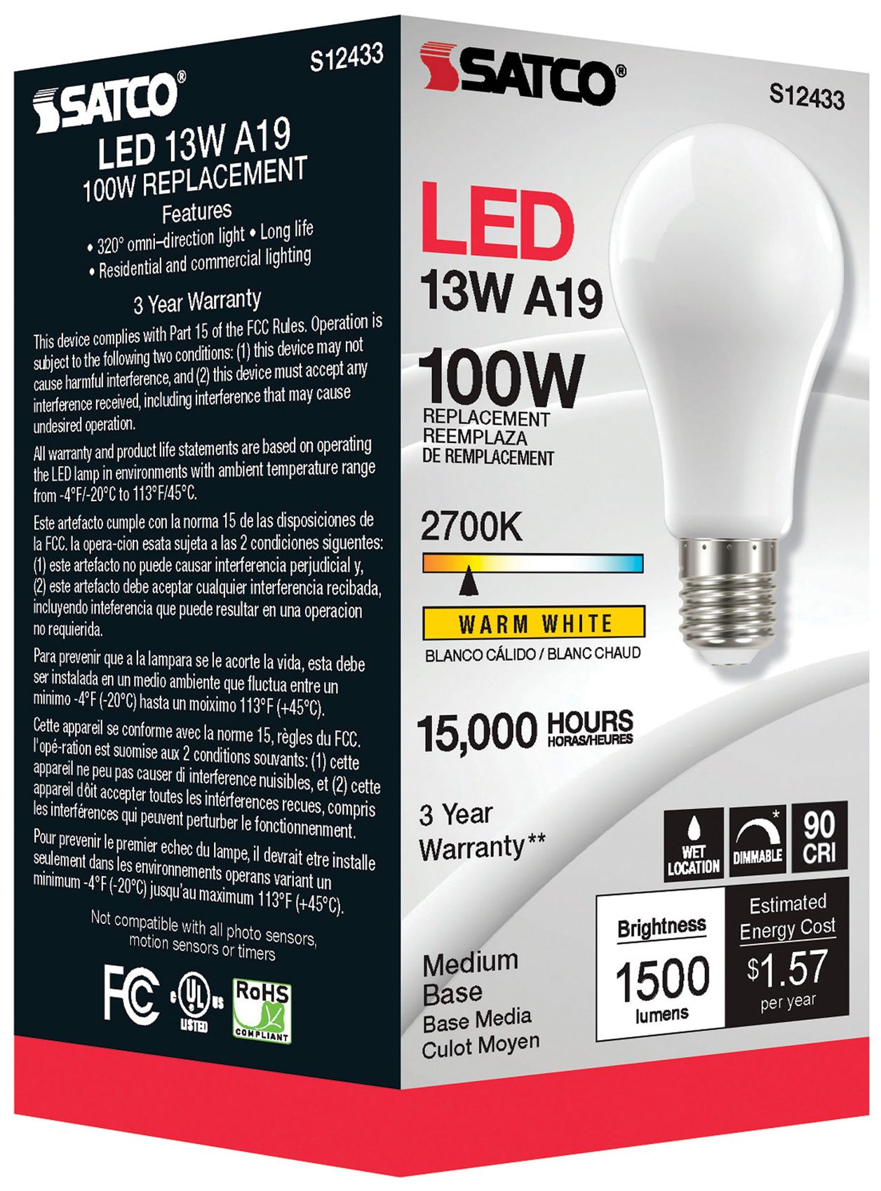 Image 5 100W Equivalent 13.5W Soft White Standard Medium LED Bulb by Satco more views