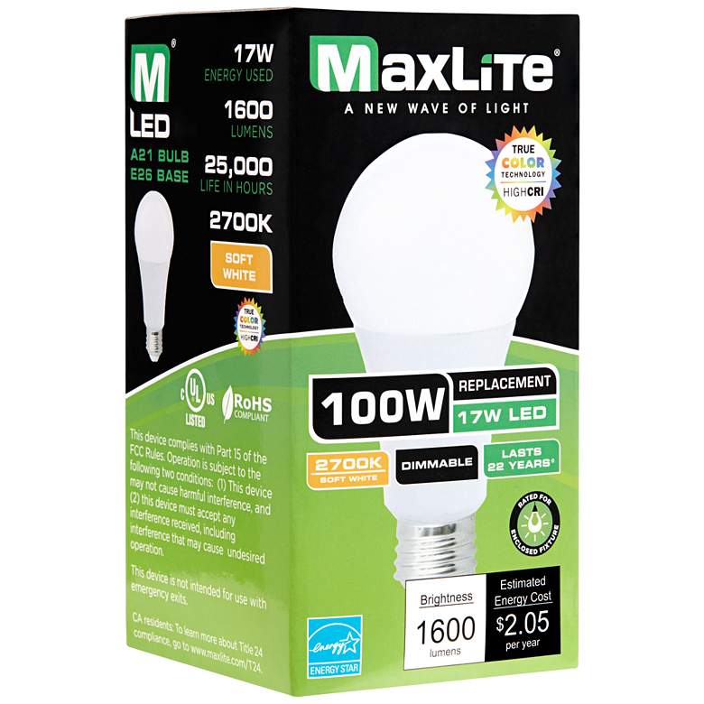 Image 2 100W Equivalent Frosted 17W Dimmable A21 Standard Bulb by MaxLite more views