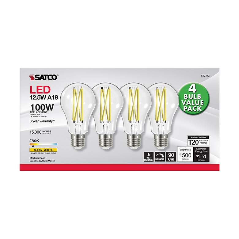 Image 3 100W Equivalent Satco Clear 12.5W LED Dimmable E26 4-Pack more views