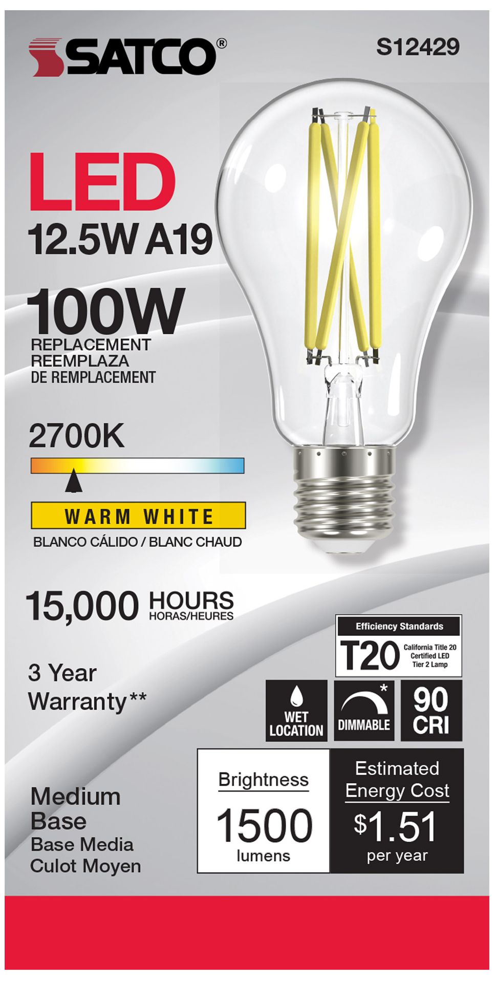 Image 2 100W Equivalent Satco Clear 12.5W LED Dimmable E26 A19 6-Pack more views