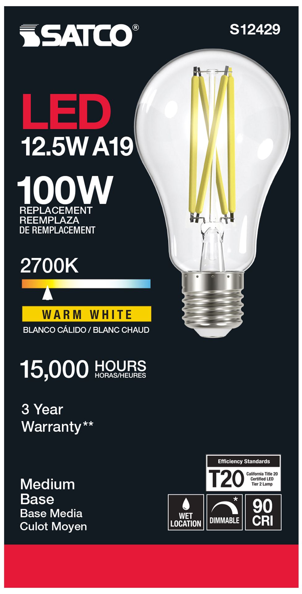 Image 3 100W Equivalent Satco Clear 12.5W LED Dimmable E26 A19 6-Pack more views