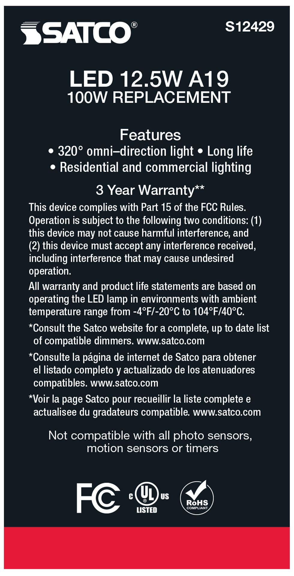 Image 5 100W Equivalent Satco Clear 12.5W LED Dimmable E26 A19 6-Pack more views