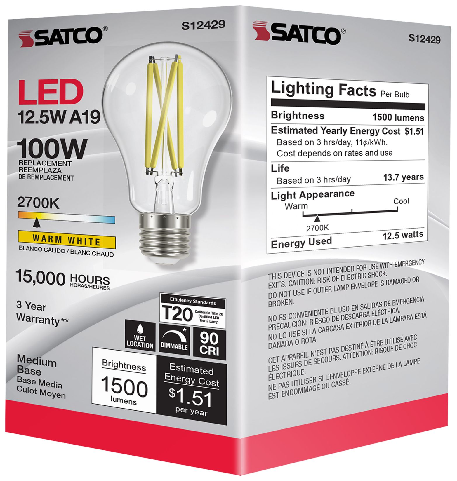 100W Equivalent Satco Clear 12.5W LED Dimmable E26 A19 6-Pack
