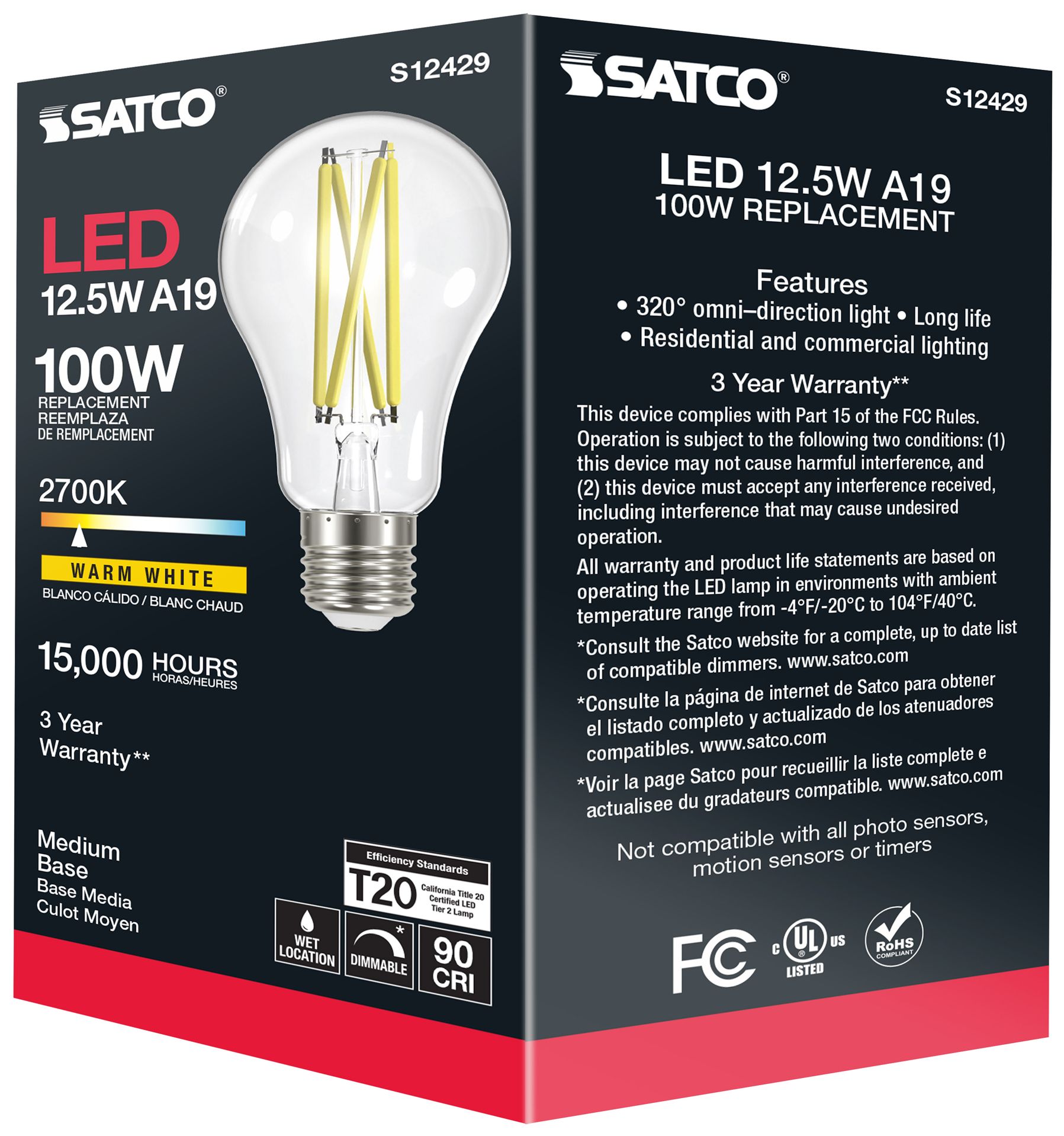 100W Equivalent Satco Clear 12.5W LED Dimmable E26 A19 6-Pack