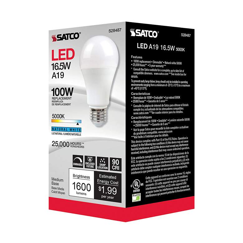 Image 5 100W Equivalent Satco Frost 16.5W LED Dimmable Standard Bulb more views