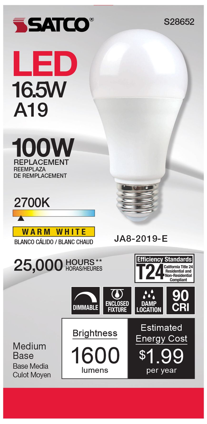 Image 3 100W Equivalent Satco Frost 16.5W LED Dimmable Standard Bulb more views
