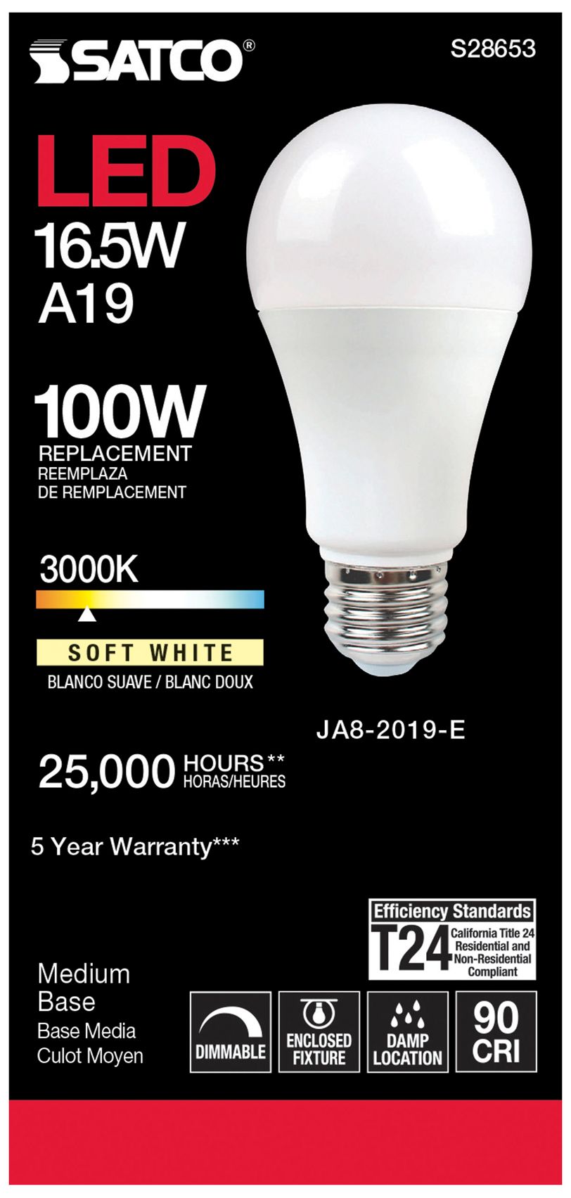 Image 3 100W Equivalent Satco Frost 16.5W LED Dimmable Standard Bulb more views