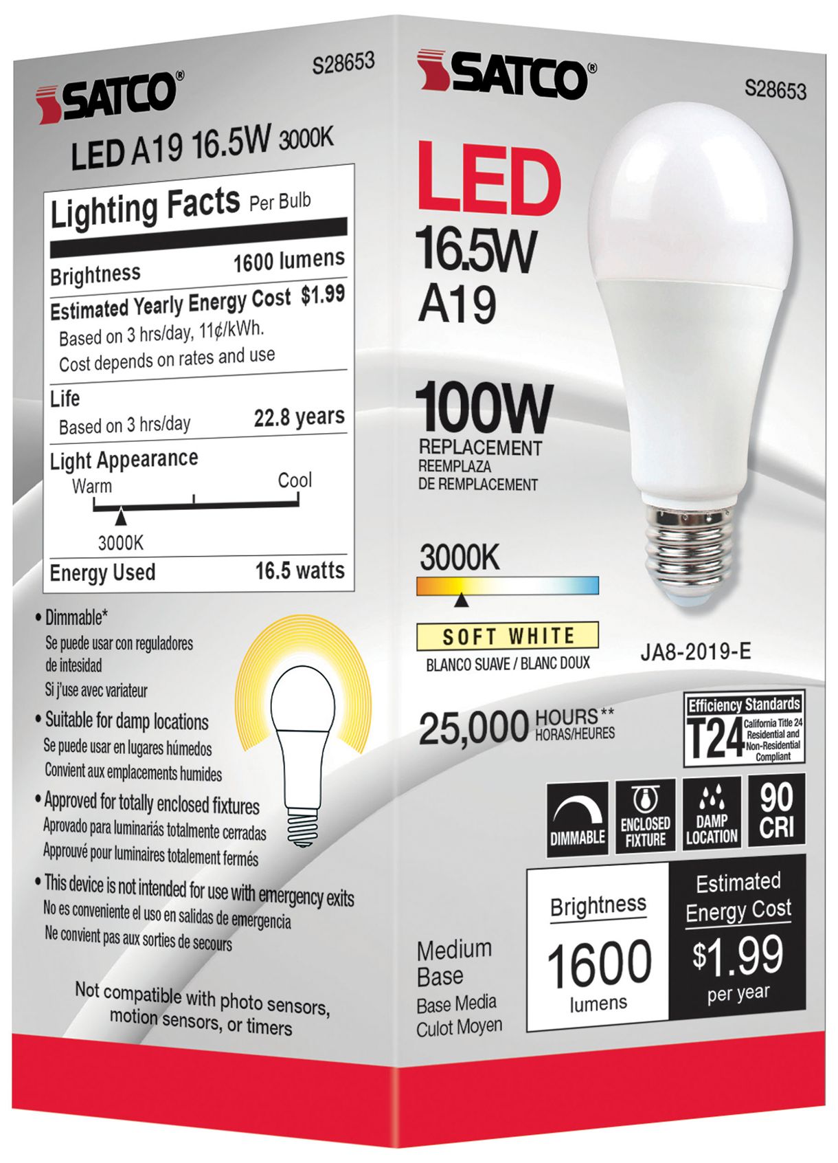 Image 4 100W Equivalent Satco Frost 16.5W LED Dimmable Standard Bulb more views