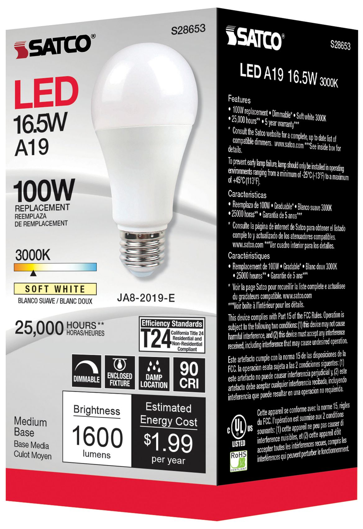 Image 5 100W Equivalent Satco Frost 16.5W LED Dimmable Standard Bulb more views