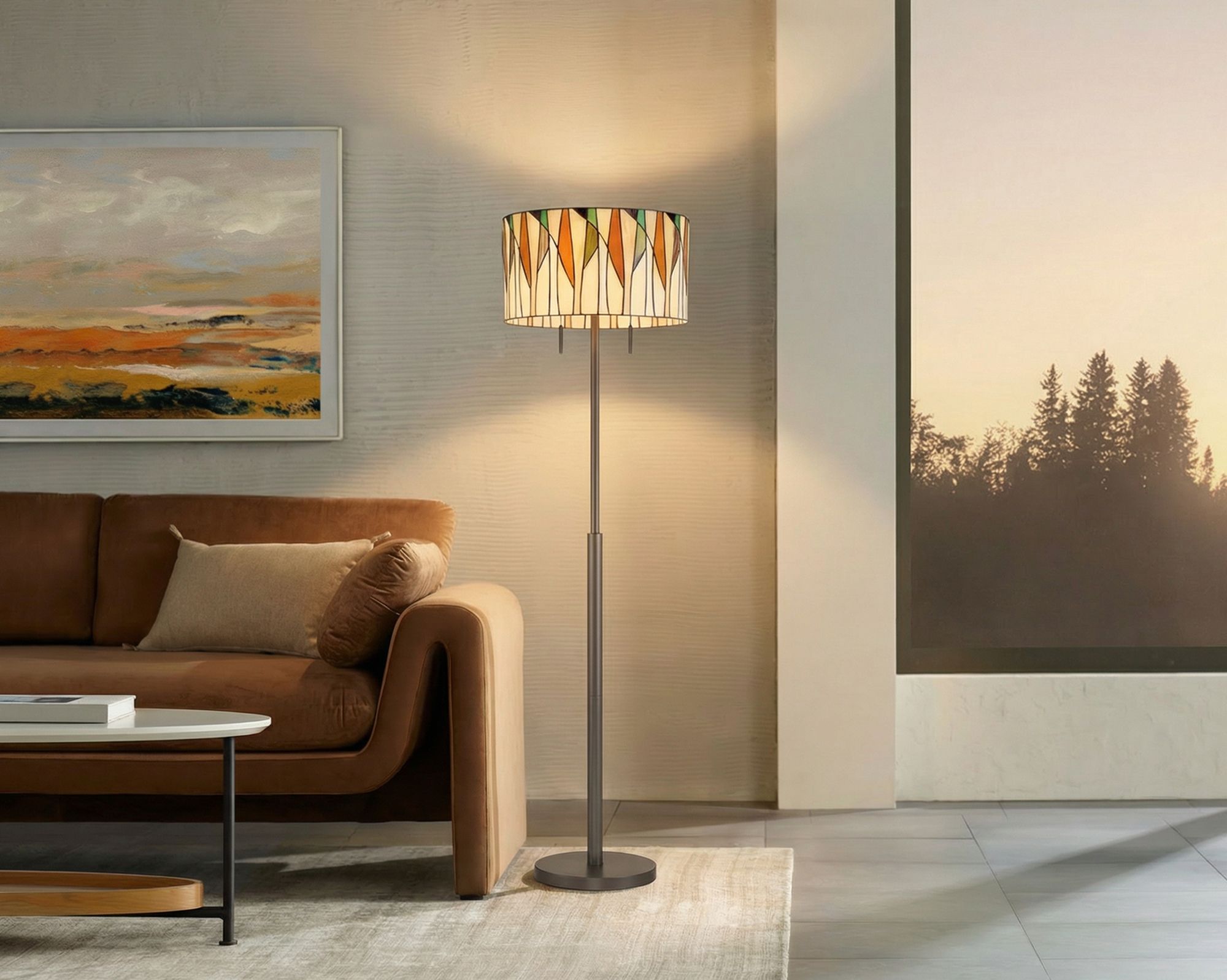 Keeva 64" High Art Glass and Bronze Tiffany-Style 2-Light Floor Lamp in scene