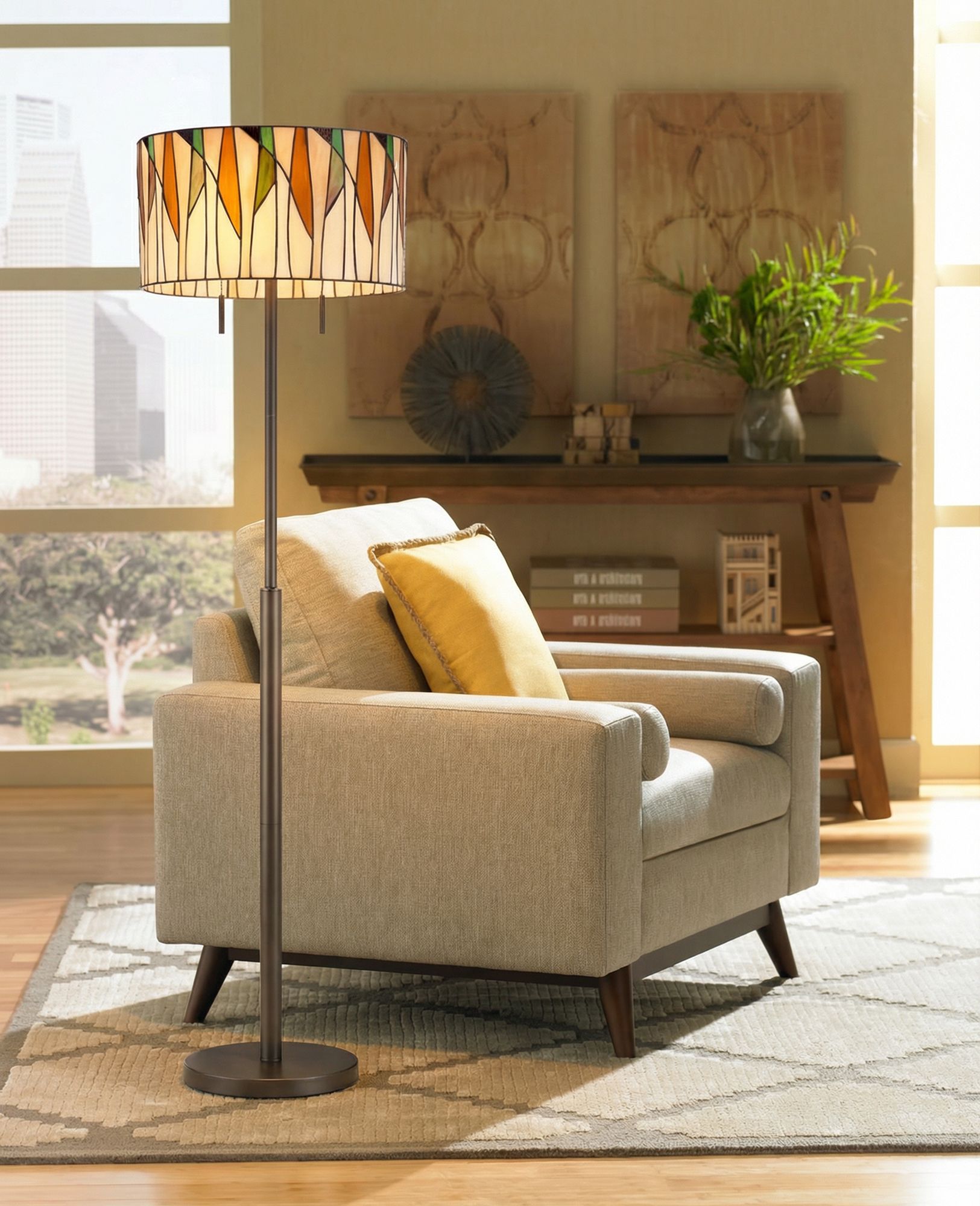 Keeva 64" High Art Glass and Bronze Tiffany-Style 2-Light Floor Lamp in scene