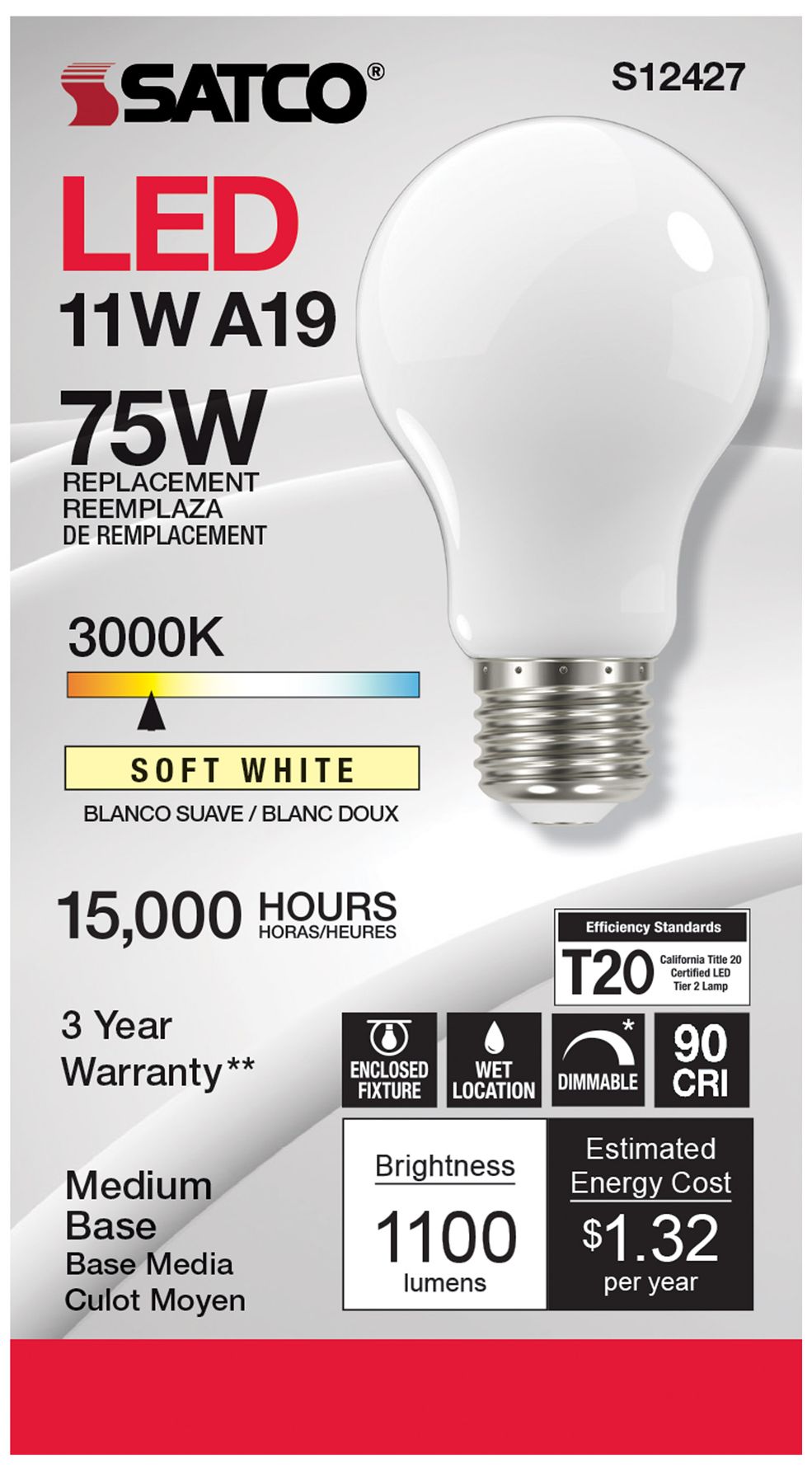 Image 2 10W Equivalent 14W LED Dimmable E26 3000K A19 Light Bulb by Satco more views