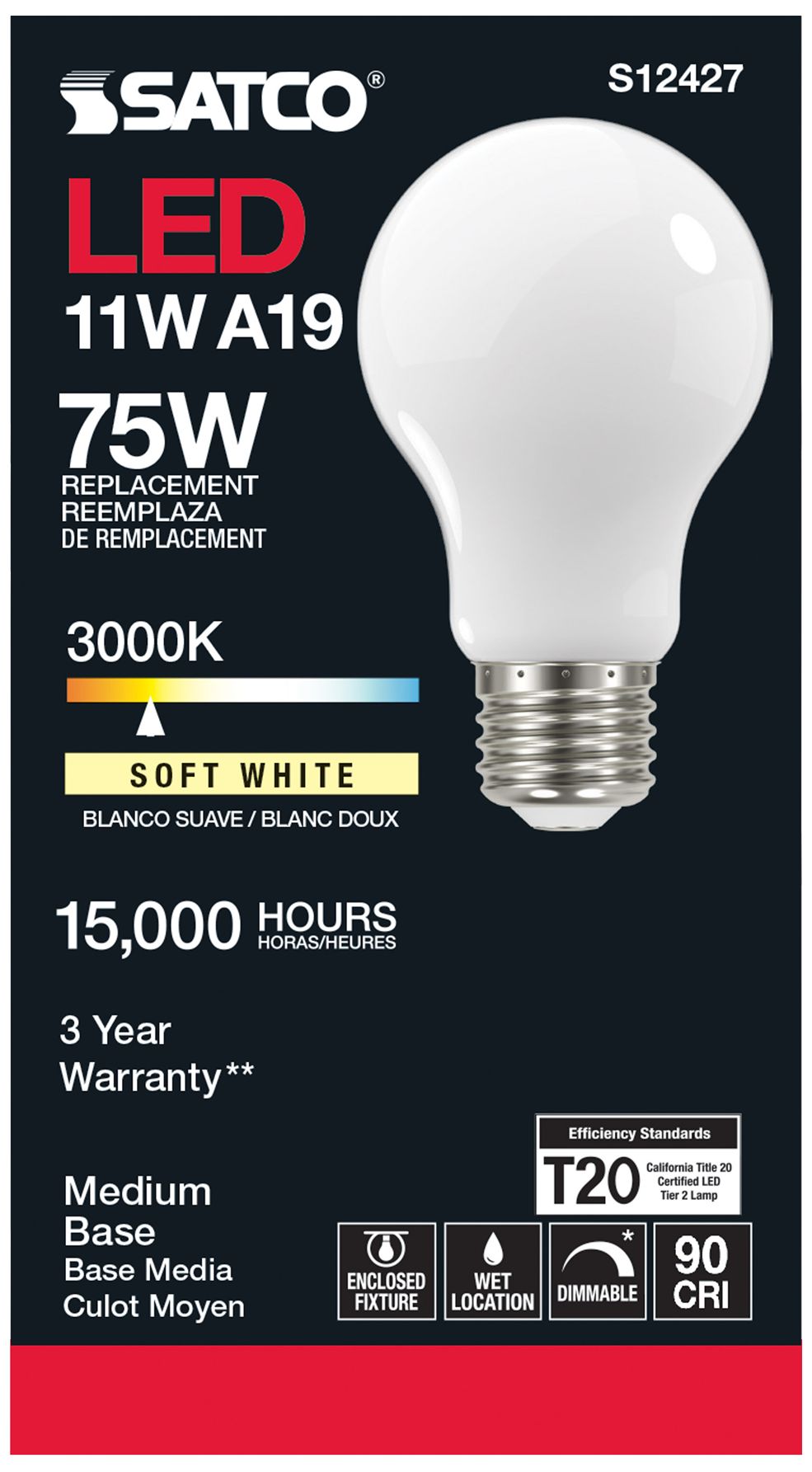 Image 3 10W Equivalent 14W LED Dimmable E26 3000K A19 Light Bulb by Satco more views