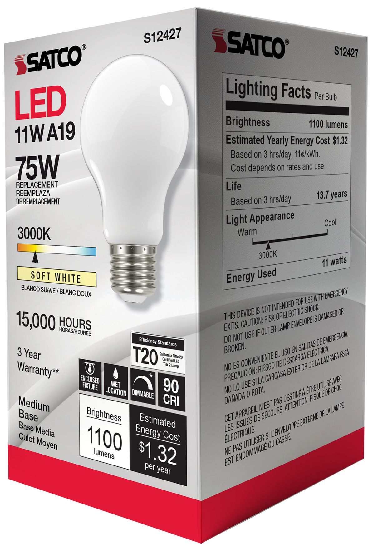 Image 7 10W Equivalent 14W LED Dimmable E26 3000K A19 Light Bulb by Satco more views