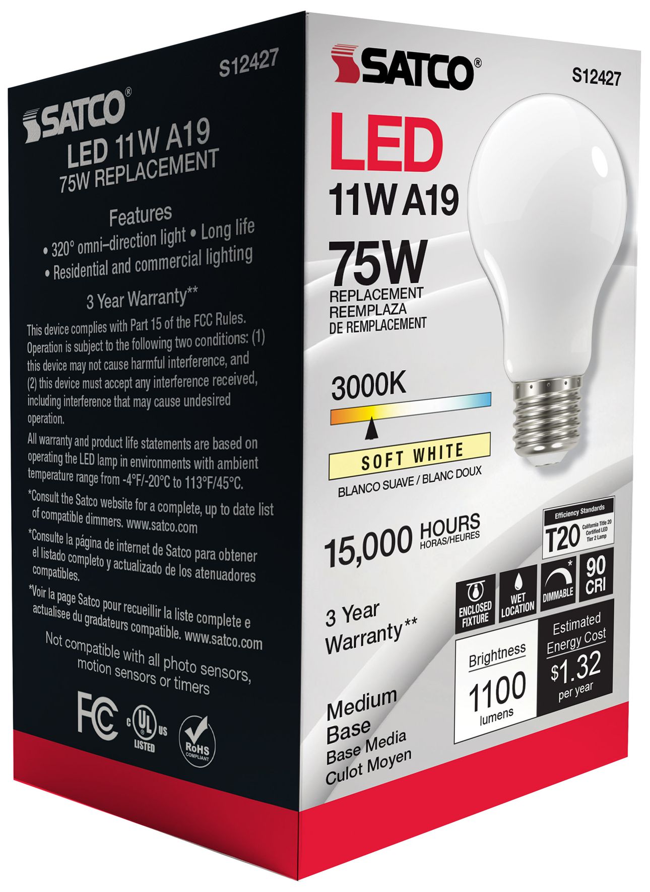 10W Equivalent 14W LED Dimmable E26 3000K A19 Light Bulb by Satco