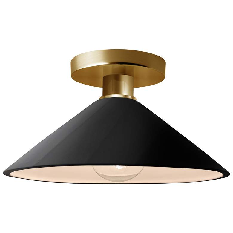 Image 1 11.75"W Gloss Black/White Frame Polished Brass Flare LED Semi.Flush